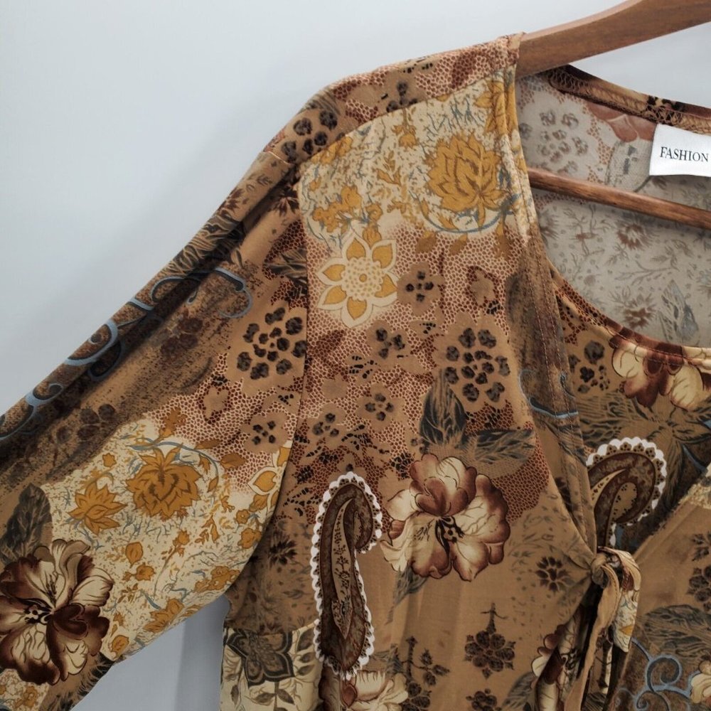 Fashion Bug Womens Paisley Print Tie Front Long Sleeve Blouse Sz 14-16 Brown - Picture 6 of 10